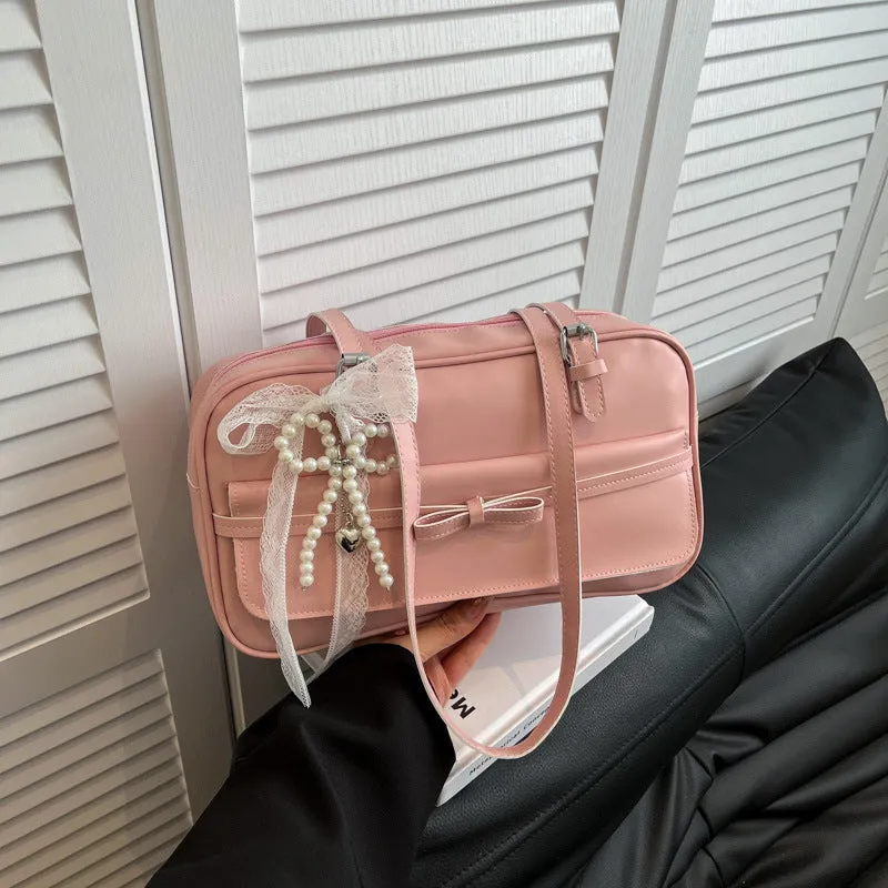 Women's PU leather single shoulder bag in horizontal square shape with flap closure and double straps