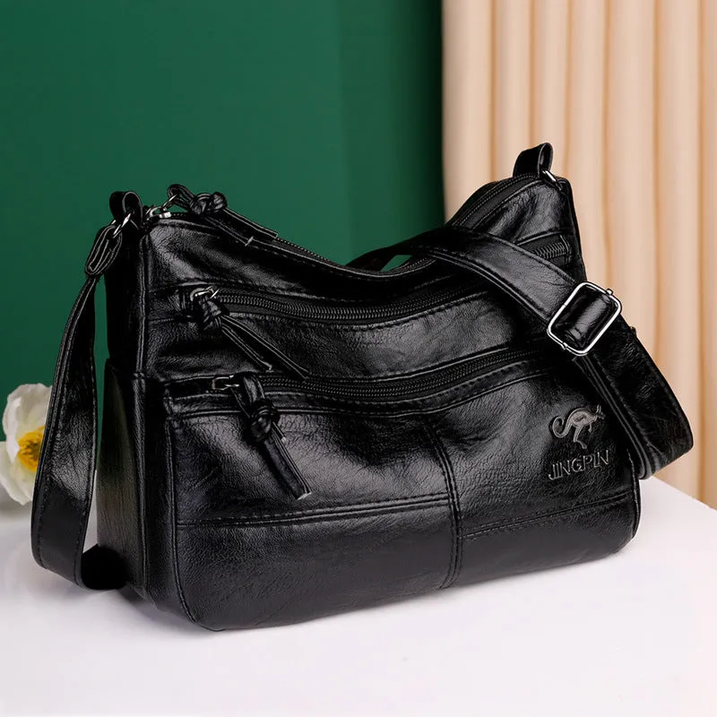 Soft PU leather textured crossbody shoulder bag 25x17x9cm black horizontal square daily bag