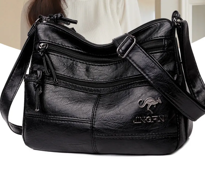 Soft PU leather textured crossbody shoulder bag 25x17x9cm black horizontal square daily bag