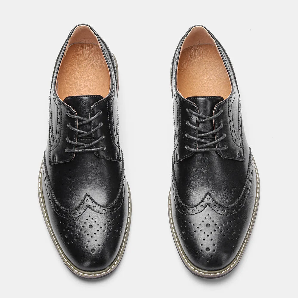 Classic brogue business shoes for men, solid colour, artificial PU upper, rubber sole, front lace-up, low heel
