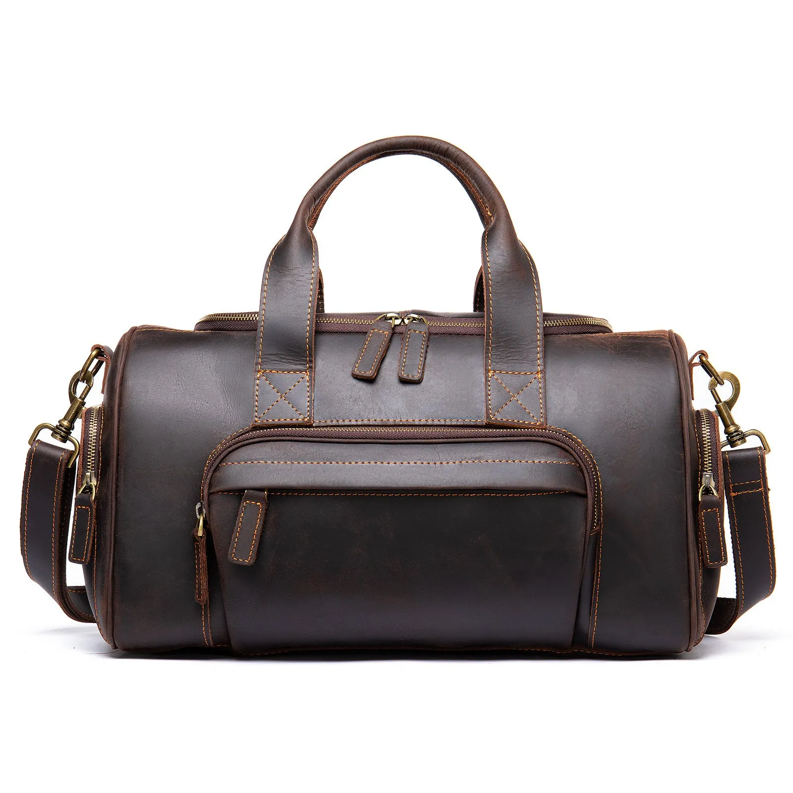 Leather retro men's hand luggage bag large capacity coffee colour soft strap