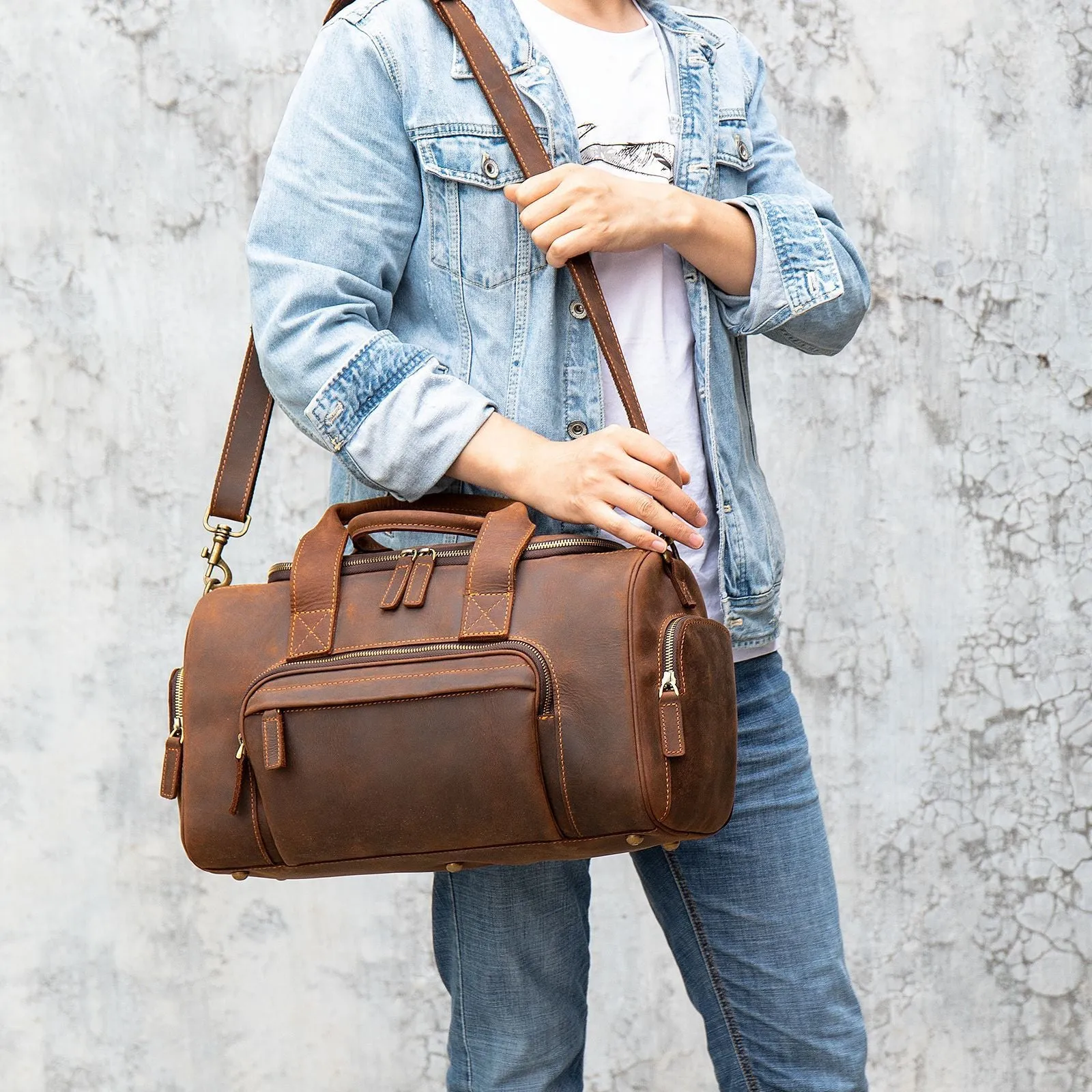 Leather retro men's hand luggage bag large capacity coffee colour soft strap