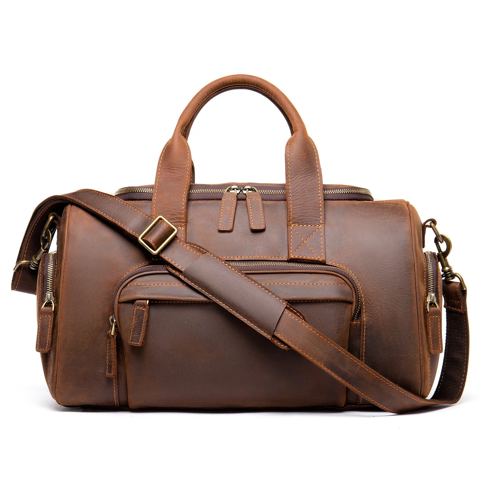 Leather retro men's hand luggage bag large capacity coffee colour soft strap