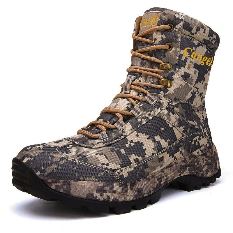 Men's high-top camouflage shoes in brown acrylic fabric for outdoor sports and cycling