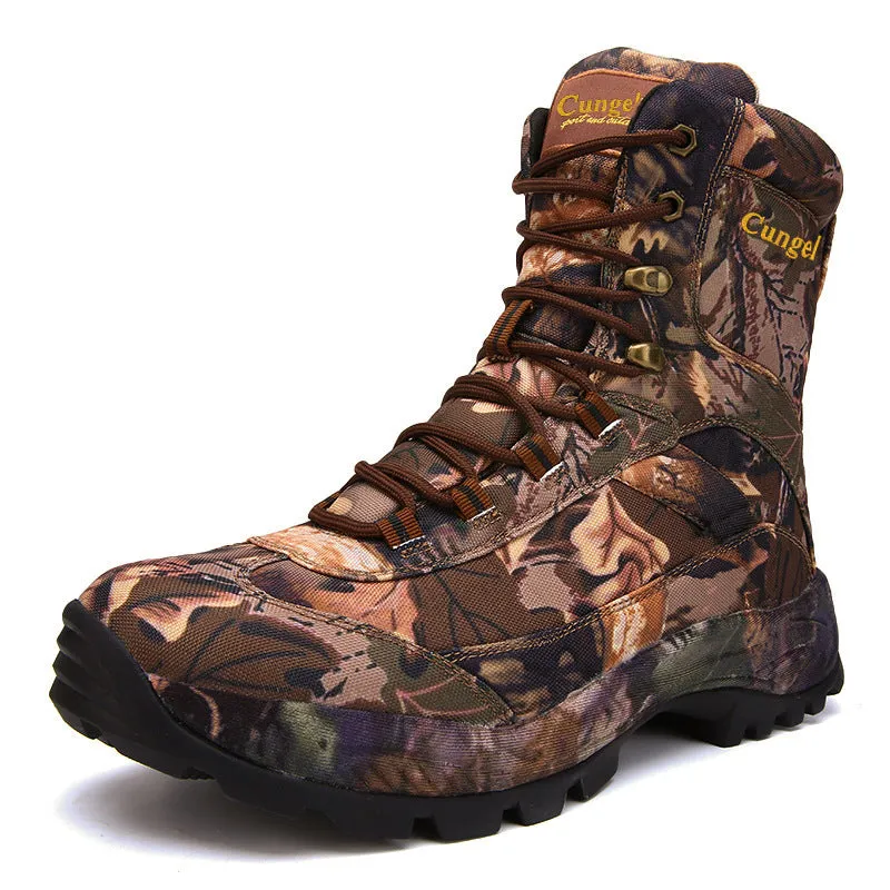 Men's high-top camouflage shoes in brown acrylic fabric for outdoor sports and cycling