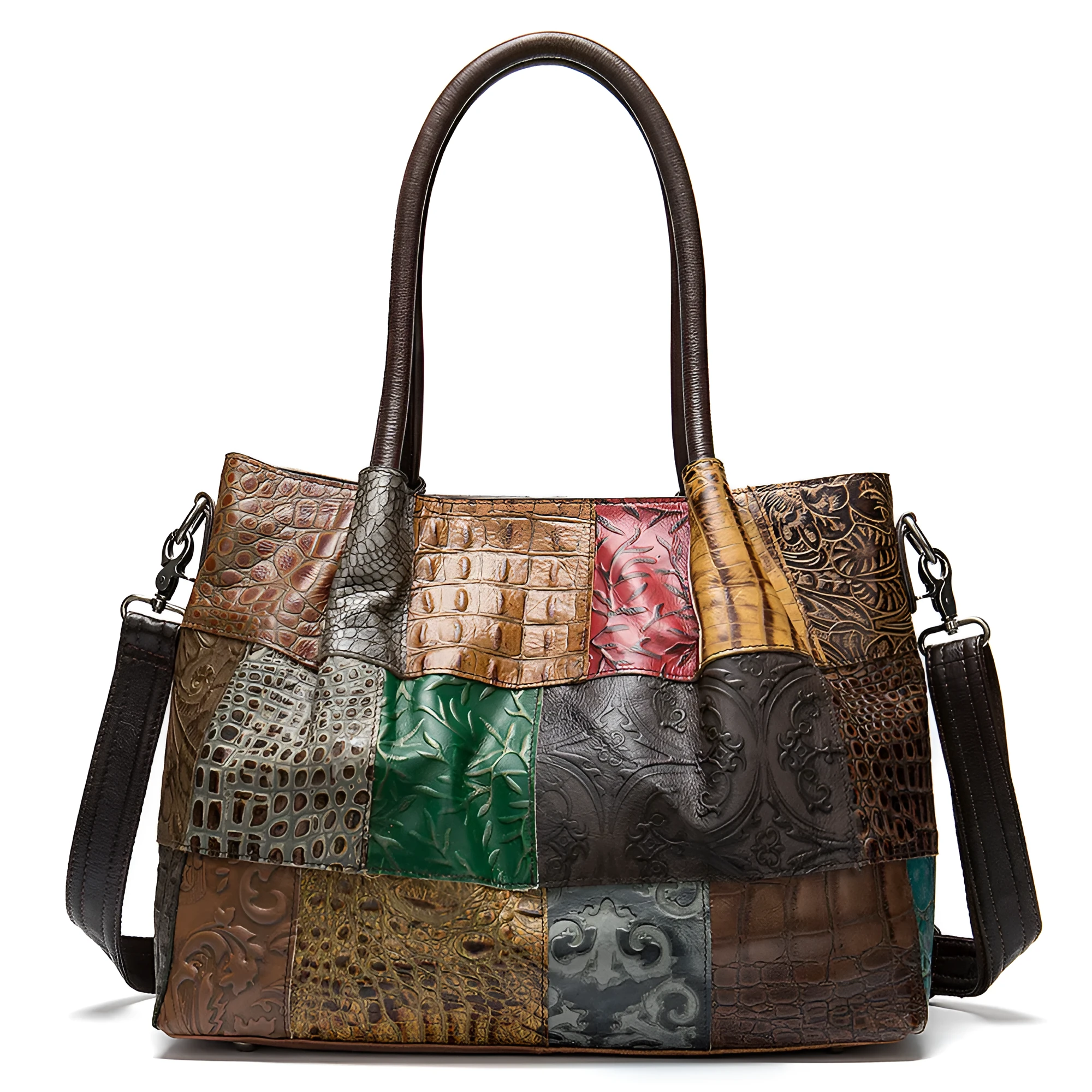 Women top layer cowhide medium handbag with contrast geometric embossing, soft handle, and open-top design