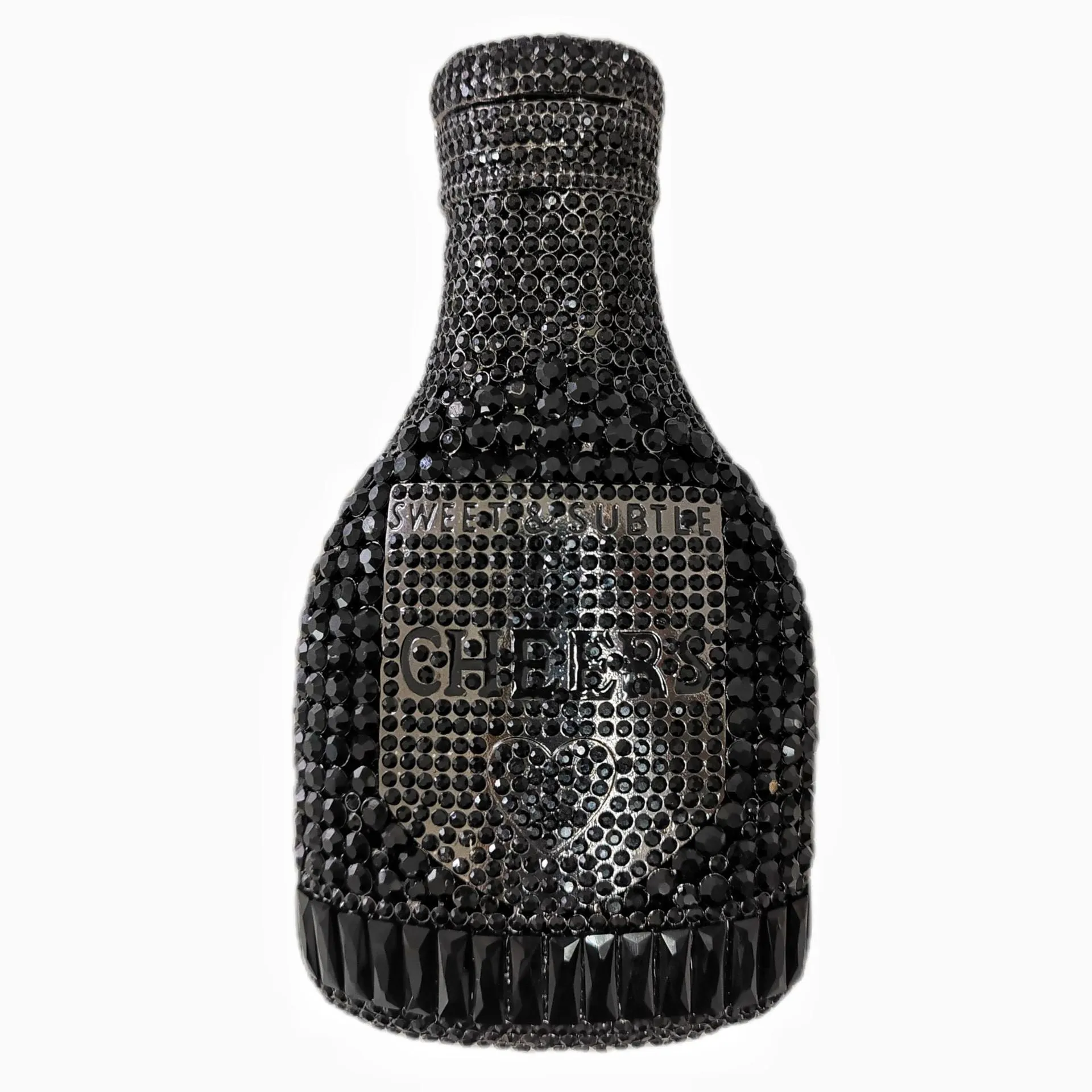 Gold hard evening clutch bag shaped like a champagne bottle with rhinestone decoration