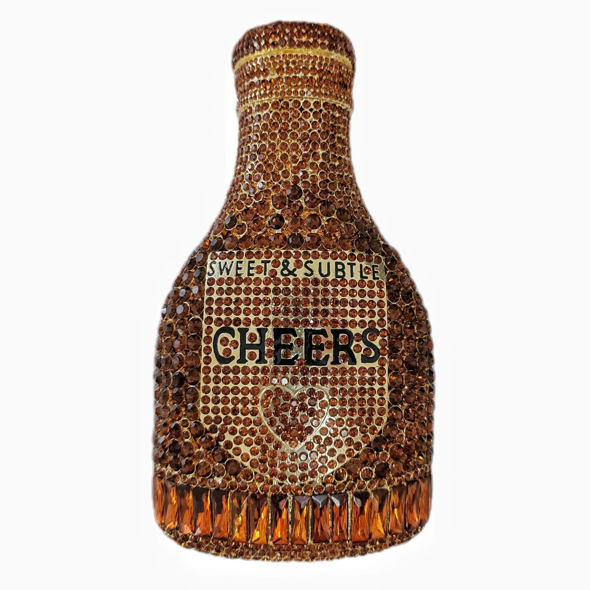 Gold hard evening clutch bag shaped like a champagne bottle with rhinestone decoration
