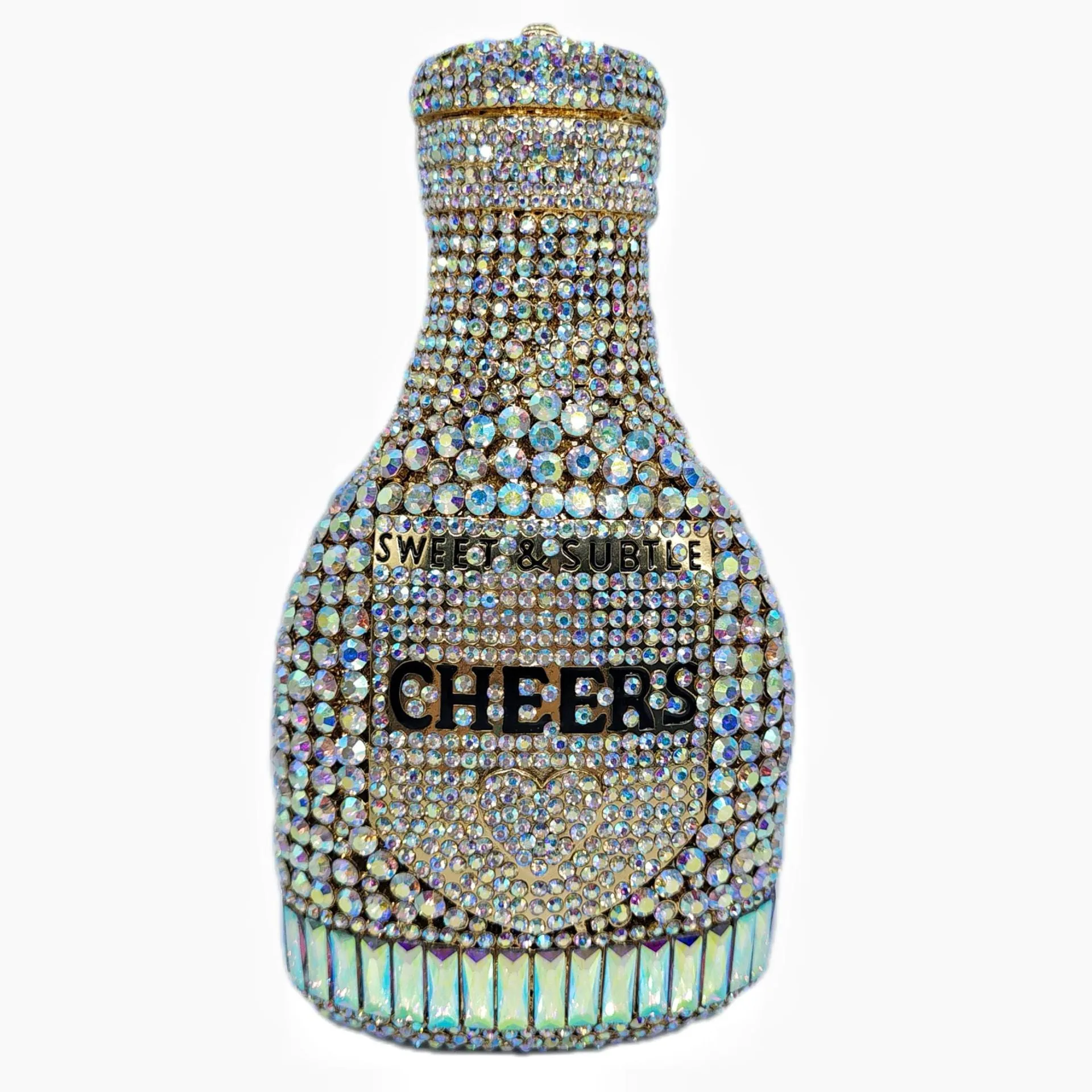 Gold hard evening clutch bag shaped like a champagne bottle with rhinestone decoration