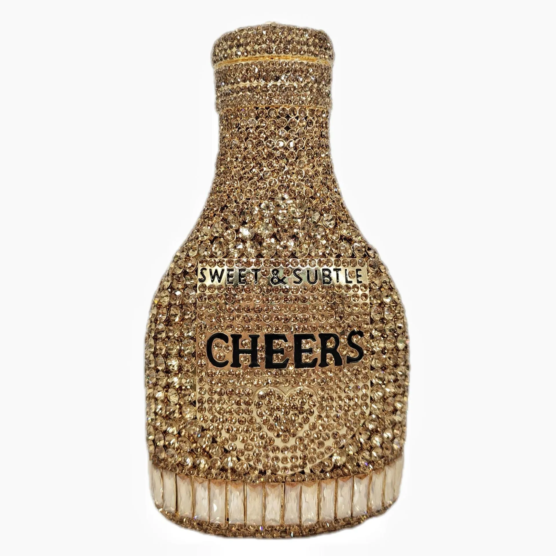 Gold hard evening clutch bag shaped like a champagne bottle with rhinestone decoration