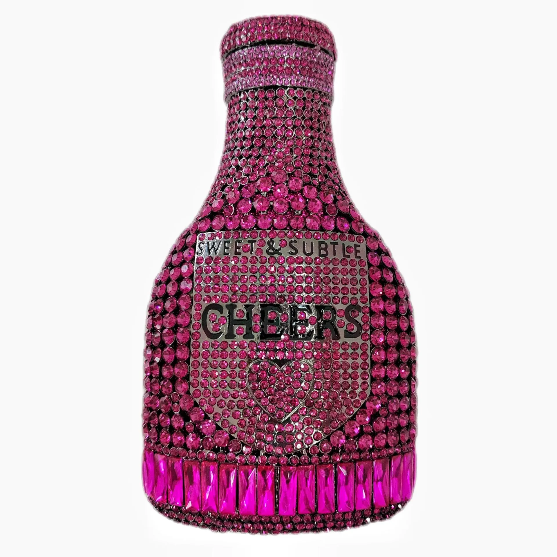 Gold hard evening clutch bag shaped like a champagne bottle with rhinestone decoration