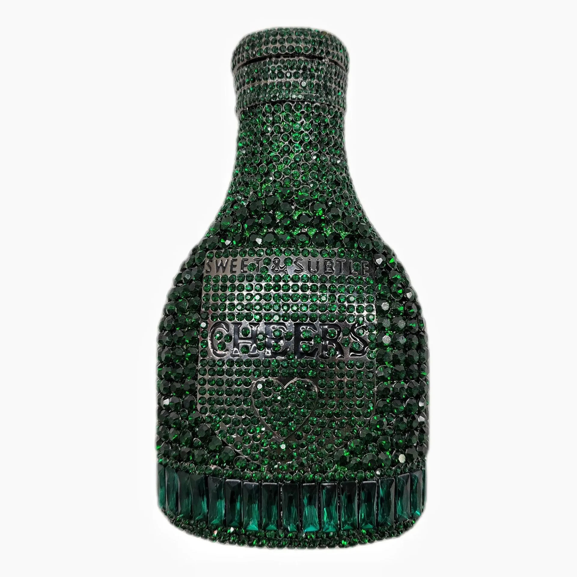 Gold hard evening clutch bag shaped like a champagne bottle with rhinestone decoration