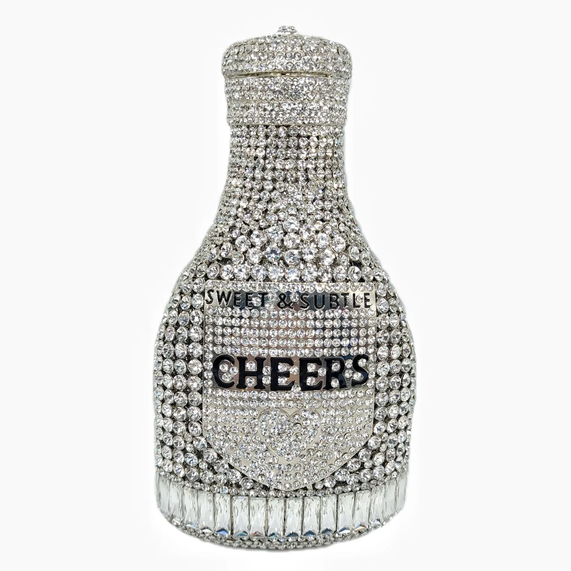 Gold hard evening clutch bag shaped like a champagne bottle with rhinestone decoration