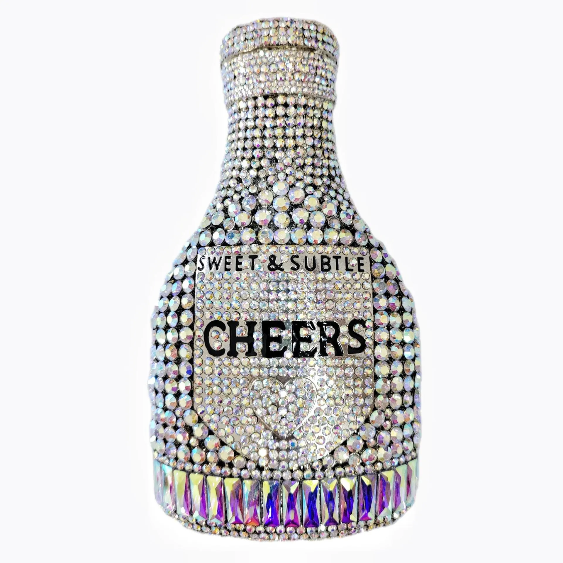 Gold hard evening clutch bag shaped like a champagne bottle with rhinestone decoration