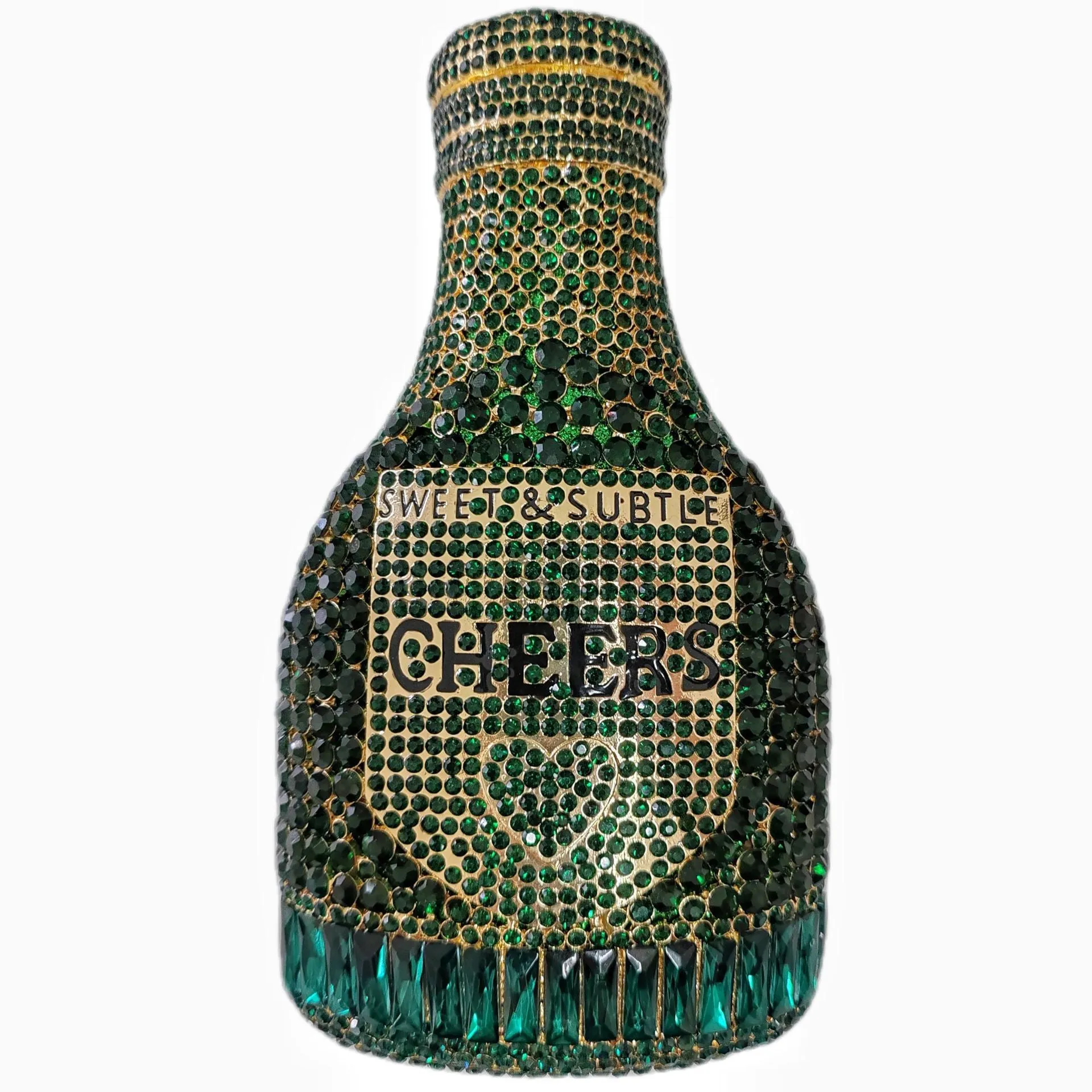 Gold hard evening clutch bag shaped like a champagne bottle with rhinestone decoration