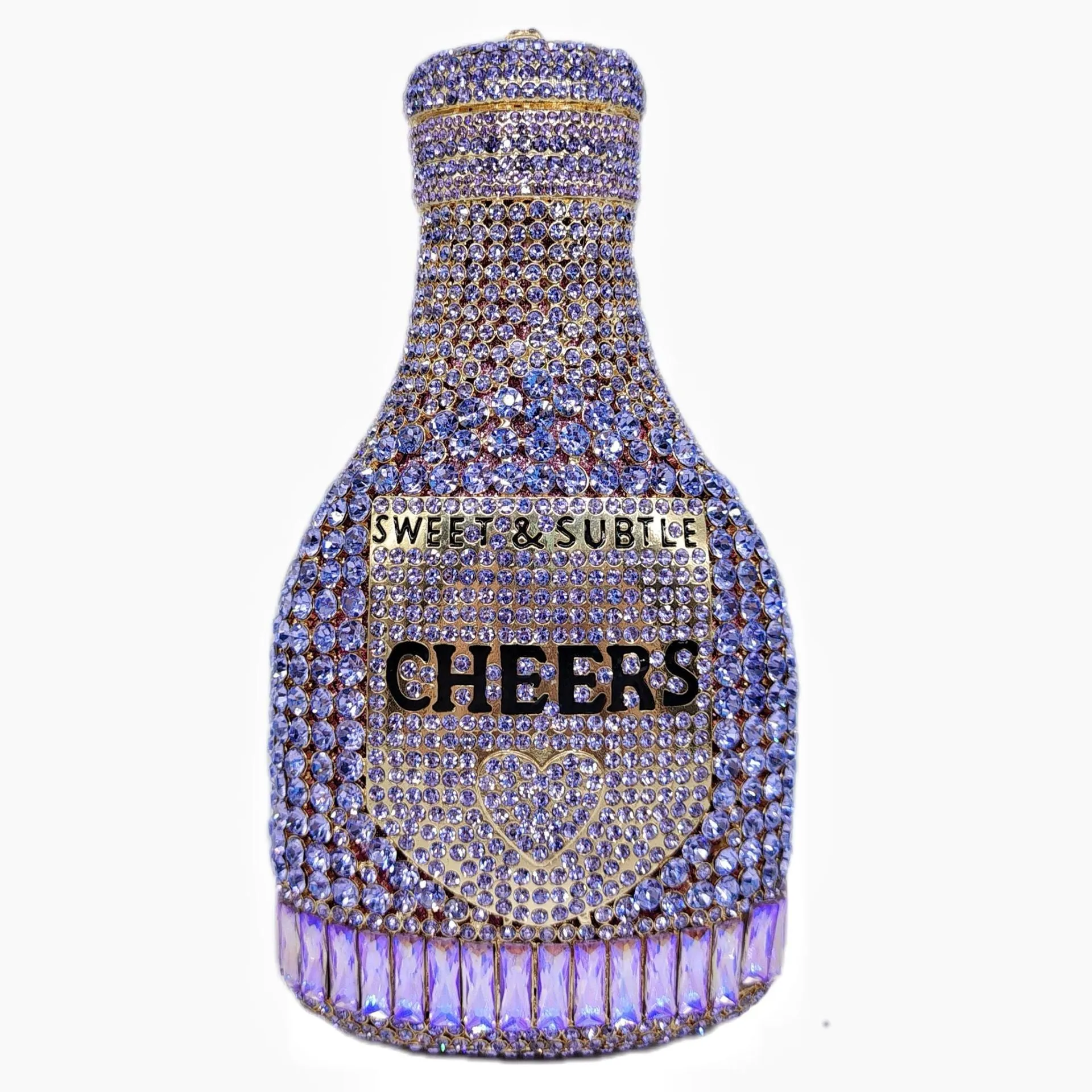 Gold hard evening clutch bag shaped like a champagne bottle with rhinestone decoration