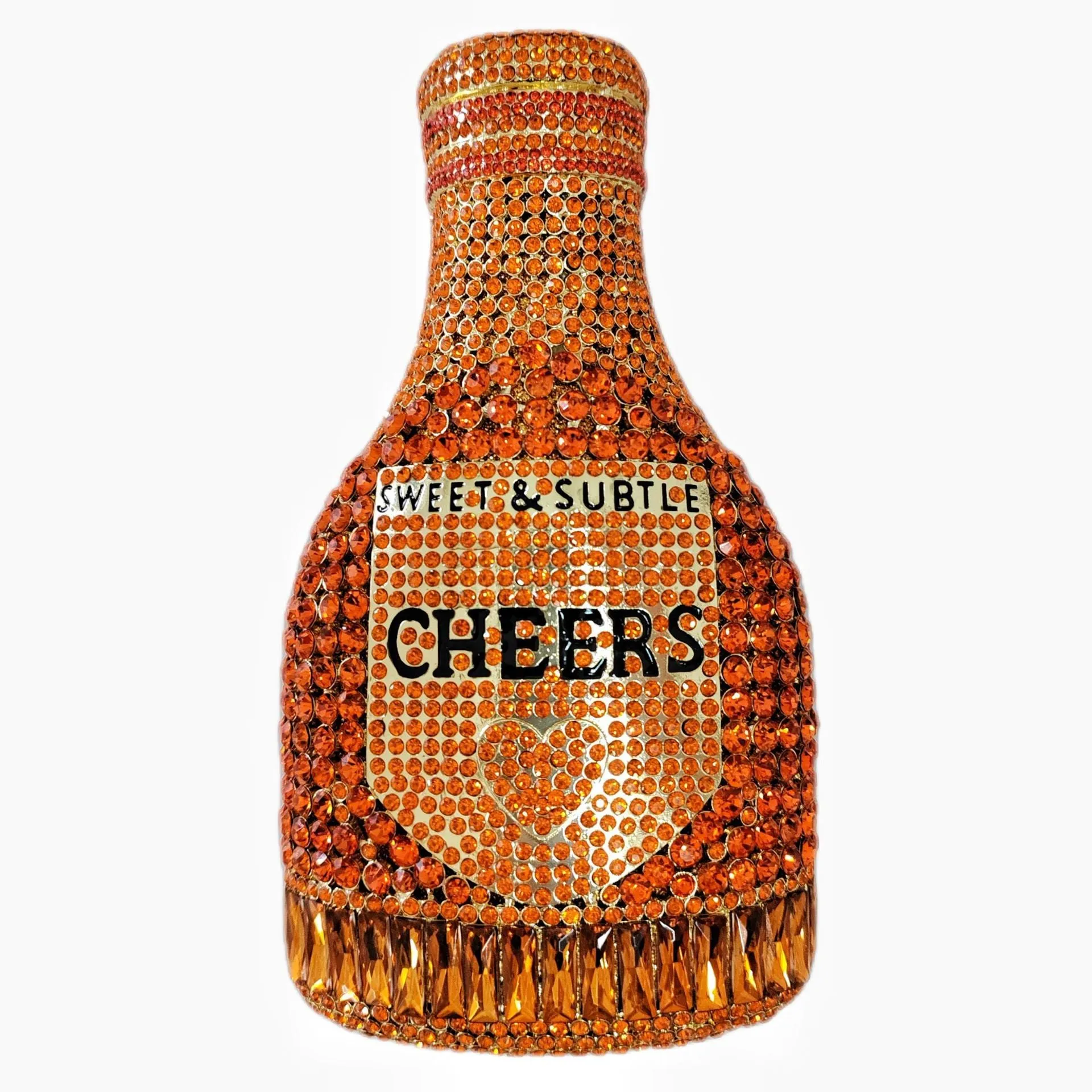 Gold hard evening clutch bag shaped like a champagne bottle with rhinestone decoration