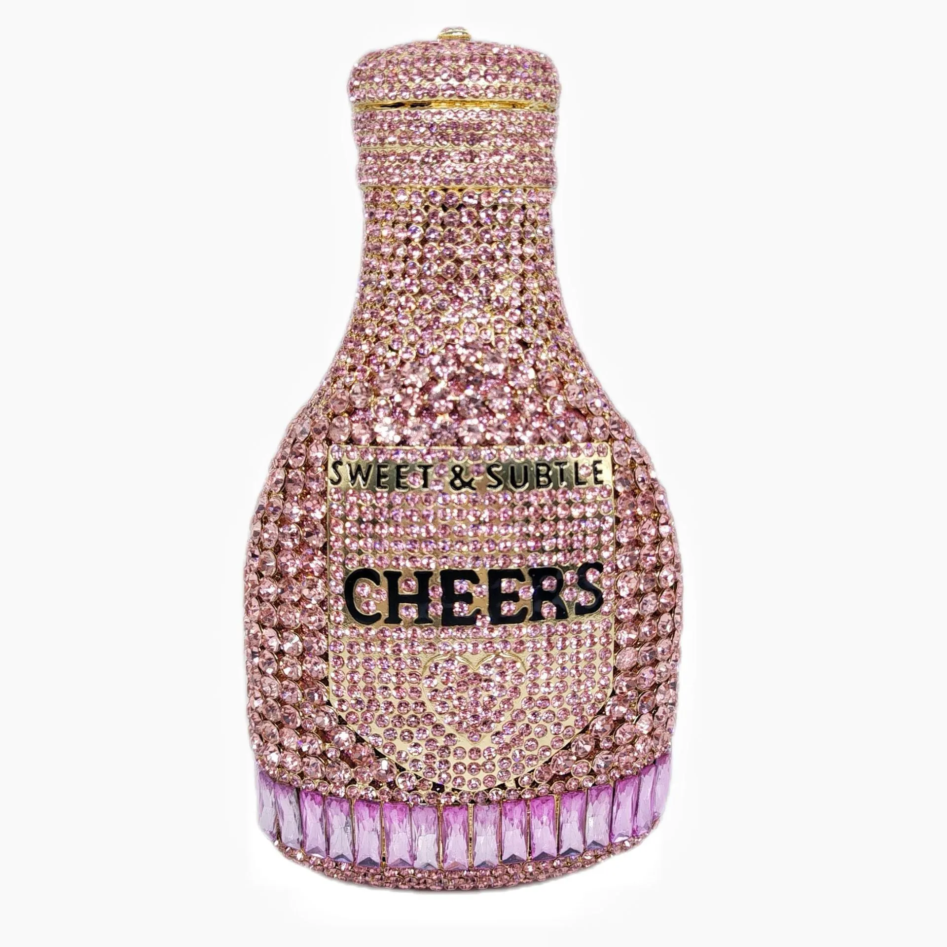Gold hard evening clutch bag shaped like a champagne bottle with rhinestone decoration