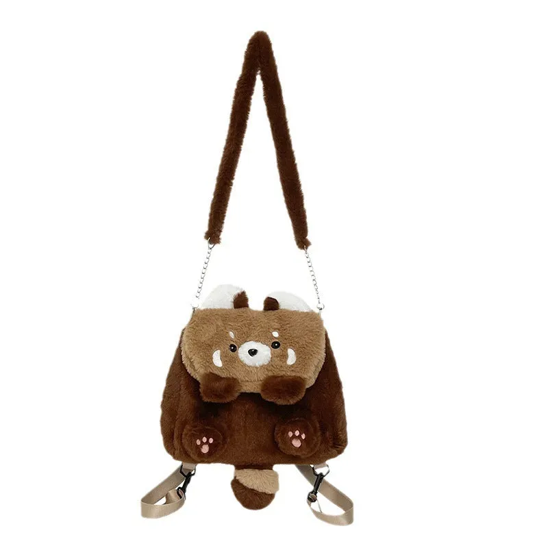 Coati plush cartoon backpack in brown with soft plush exterior and polyester lining, height 26cm, width 27cm