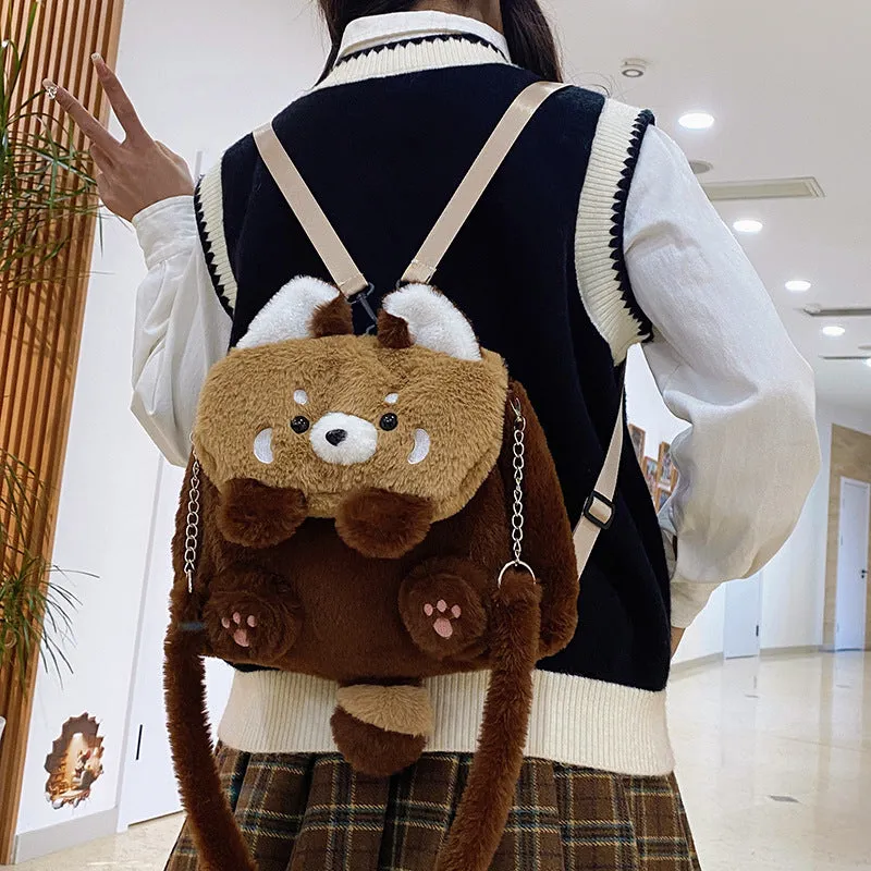 Coati plush cartoon backpack in brown with soft plush exterior and polyester lining, height 26cm, width 27cm