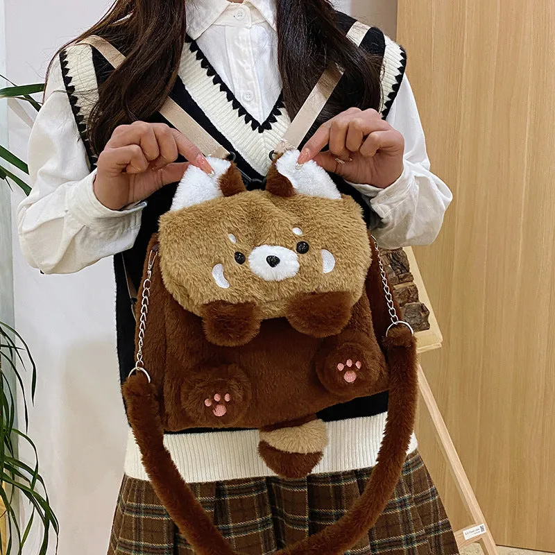 Coati plush cartoon backpack in brown with soft plush exterior and polyester lining, height 26cm, width 27cm