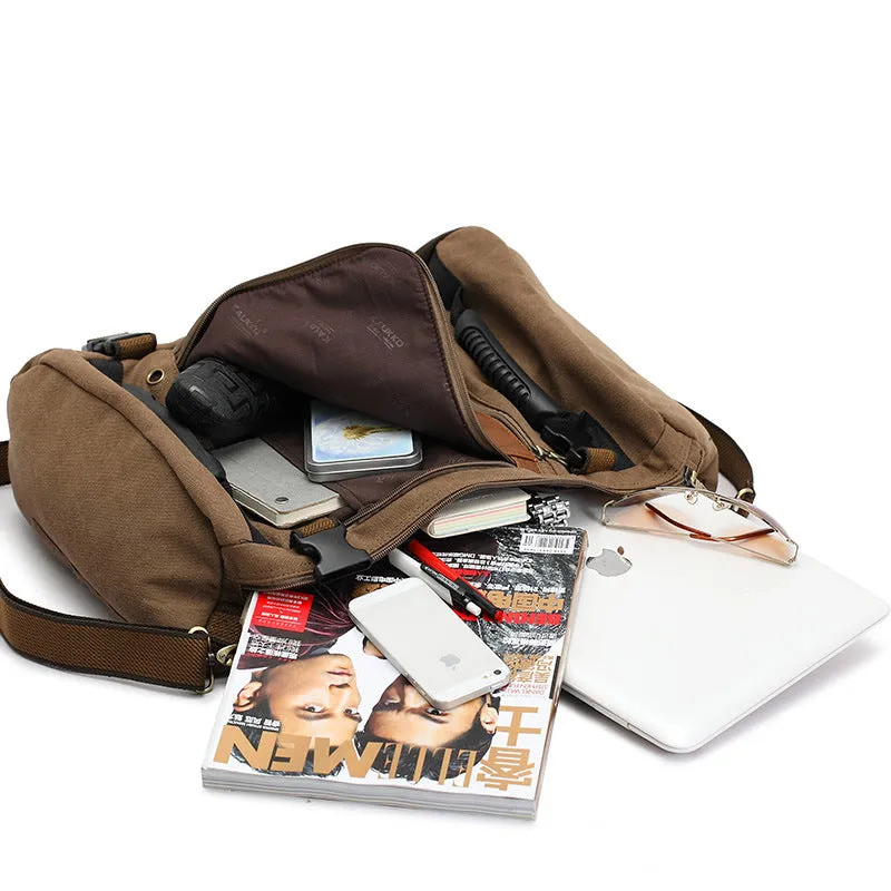 Canvas men backpack with computer pocket, side pocket, and three shoulder straps