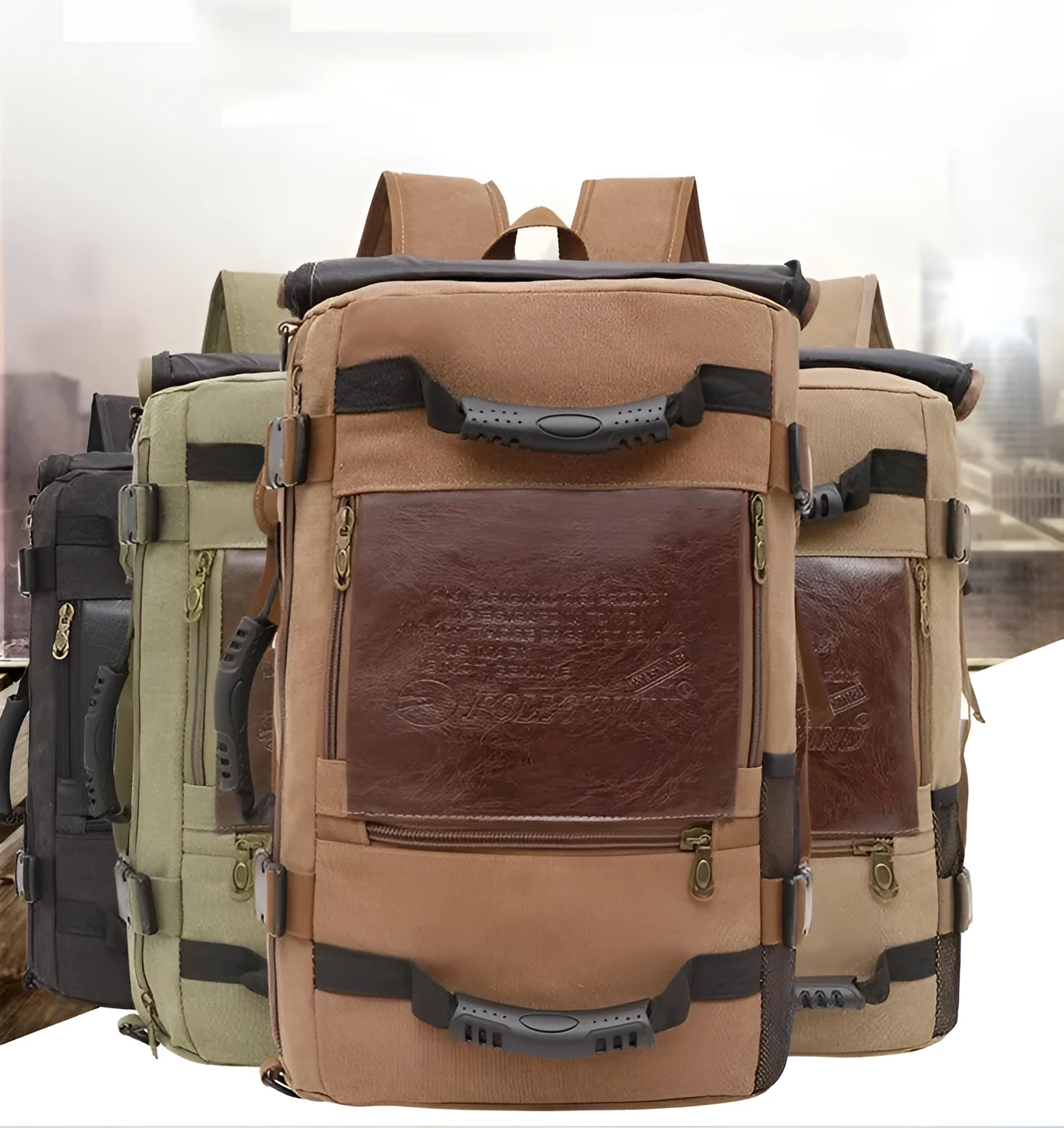 Canvas men backpack with computer pocket, side pocket, and three shoulder straps