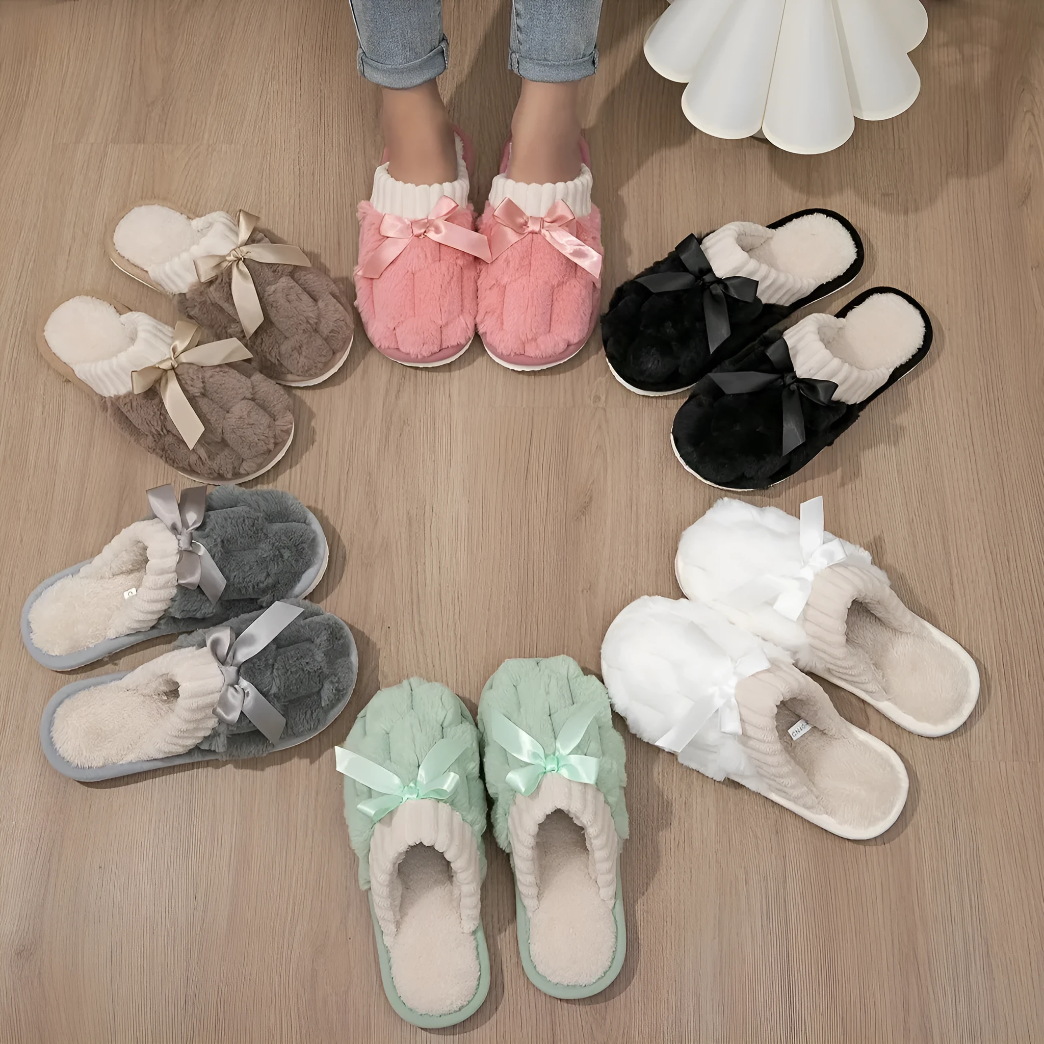 Soft bottom indoor slippers with plush lining, suede upper, and woven flax sole in multiple colours
