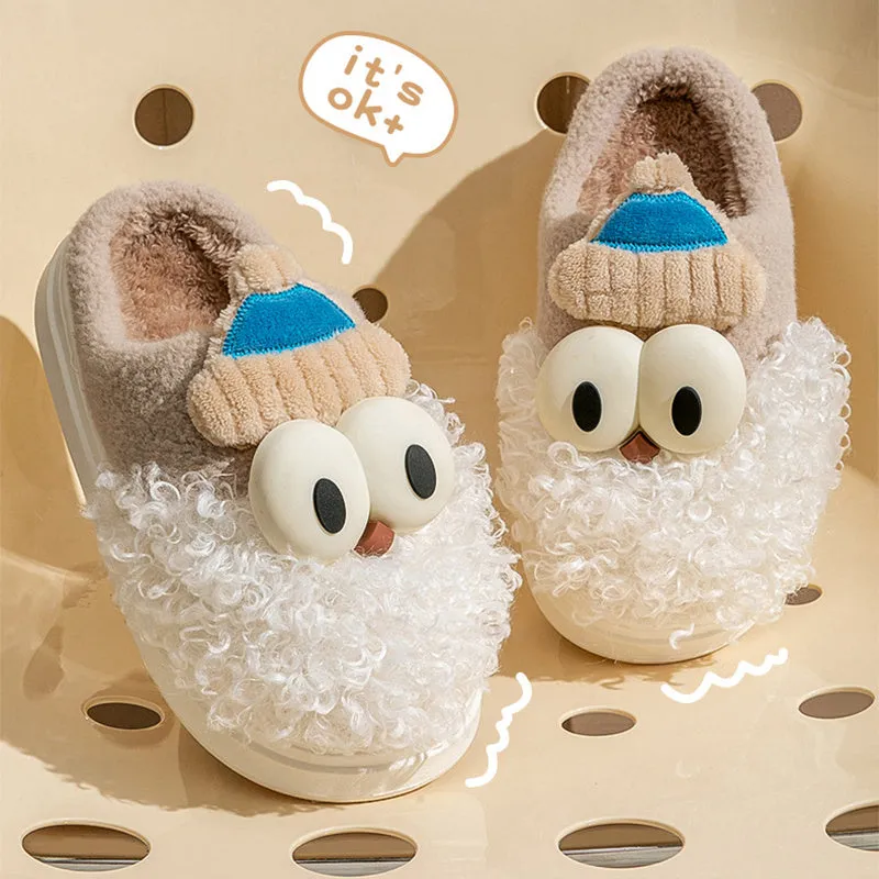 Cartoon bearded Santa Claus plush slippers with non-slip TPR sole in blue colour