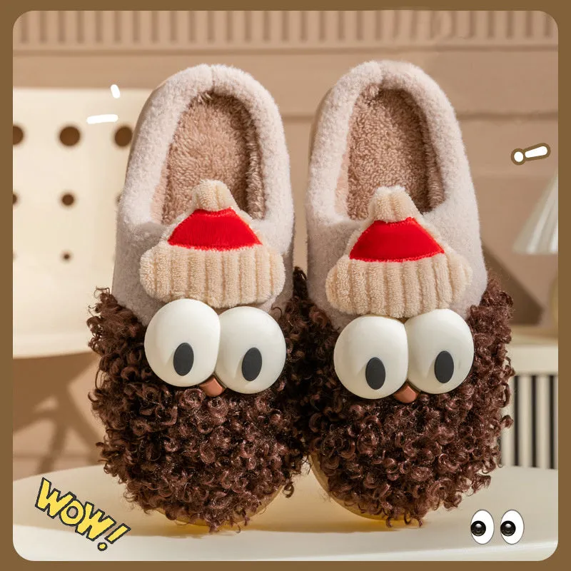 Cartoon bearded Santa Claus plush slippers with non-slip TPR sole in blue colour