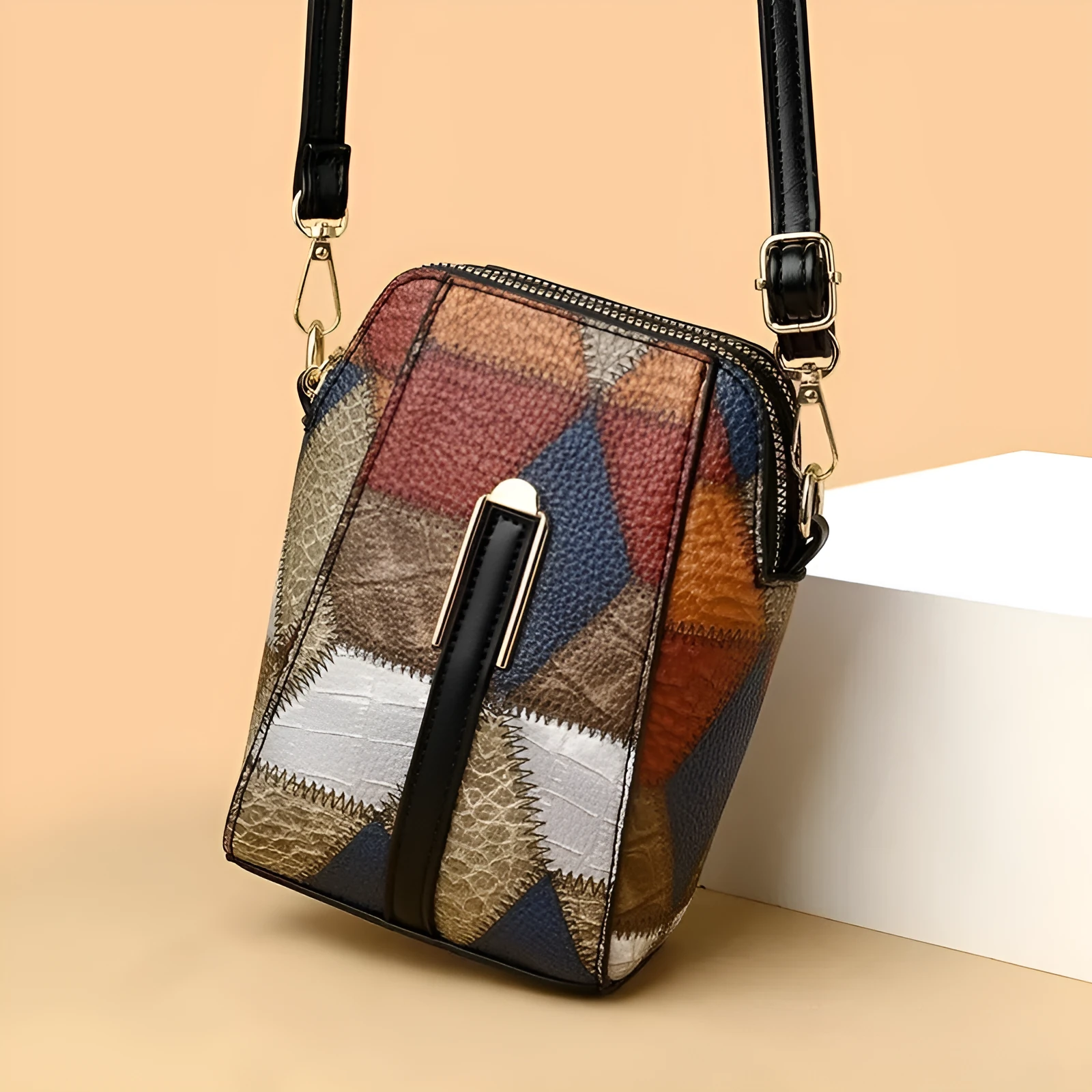 Soft PU stitching shoulder bag with sandwich pocket, available in irregular blue with black or brown, for daily matching