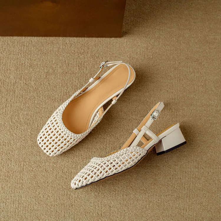 Women's beige woven hollow-out sandals with square toe, buckle, and chunky 4cm heel