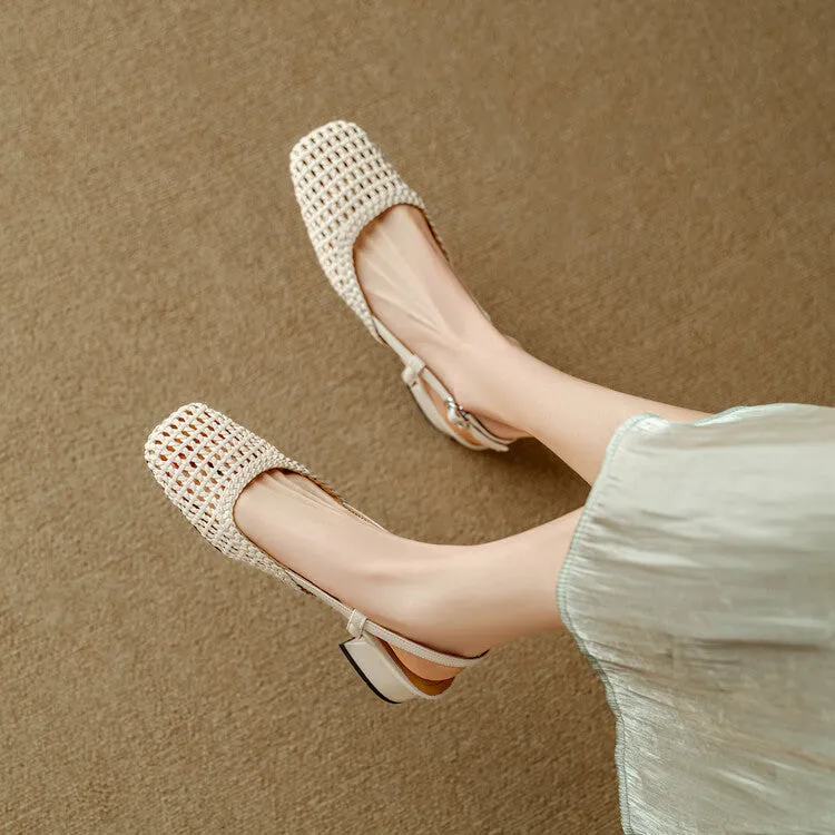 Women's beige woven hollow-out sandals with square toe, buckle, and chunky 4cm heel