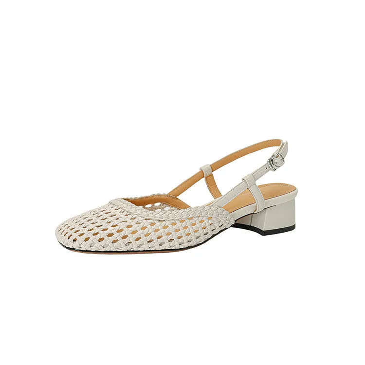 Women's beige woven hollow-out sandals with square toe, buckle, and chunky 4cm heel