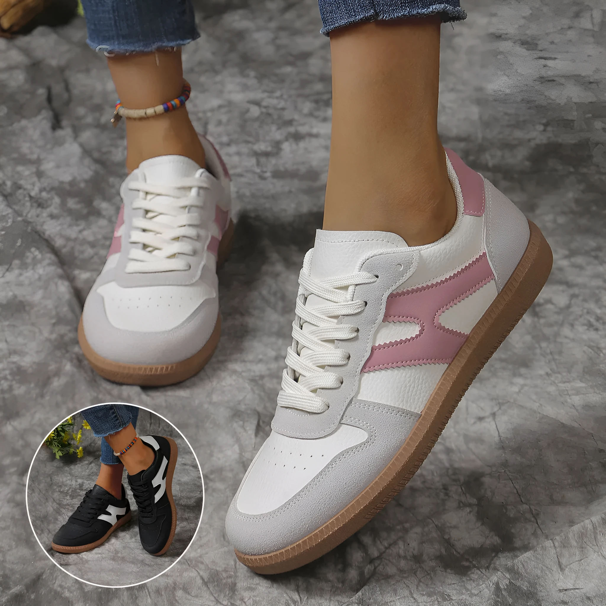 Women's black and pink colourblock lace-up round toe flats with flat heel in artificial PU