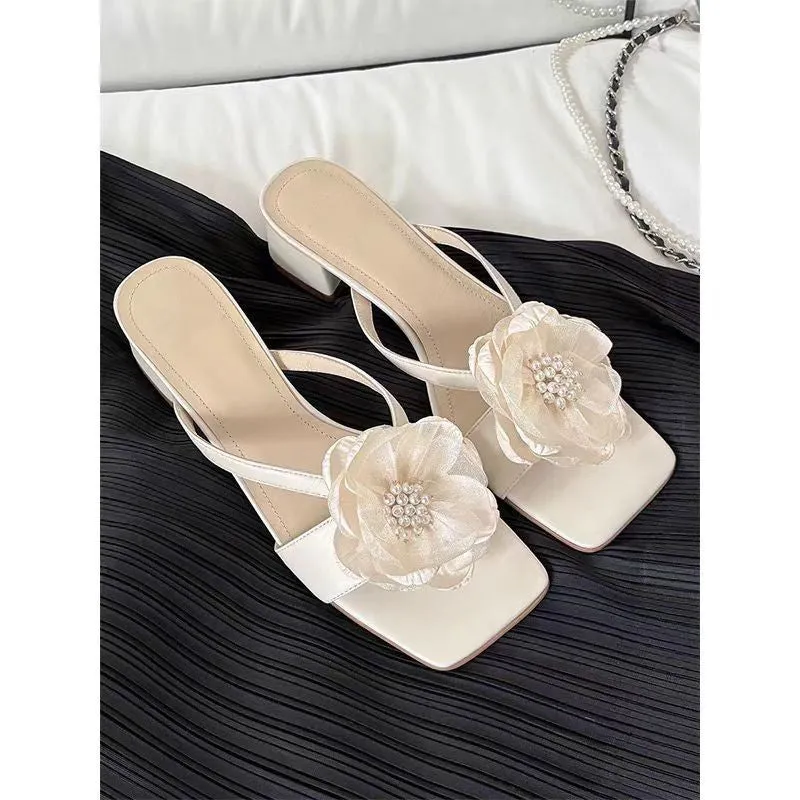 Women's chunky heel sandals with square toe and one-strap design in satin material