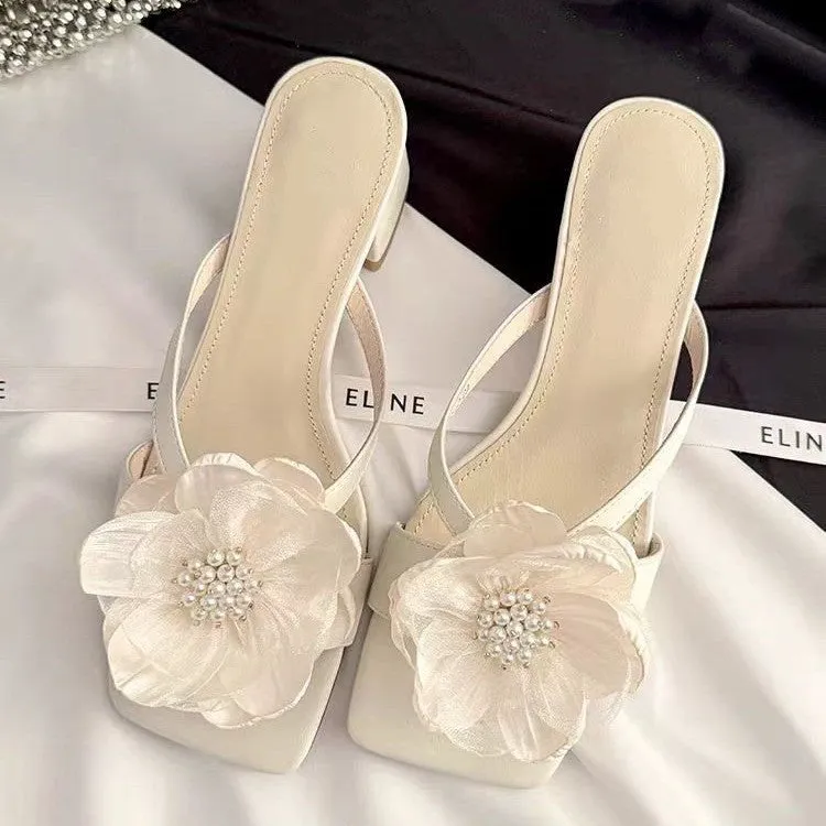 Women's chunky heel sandals with square toe and one-strap design in satin material