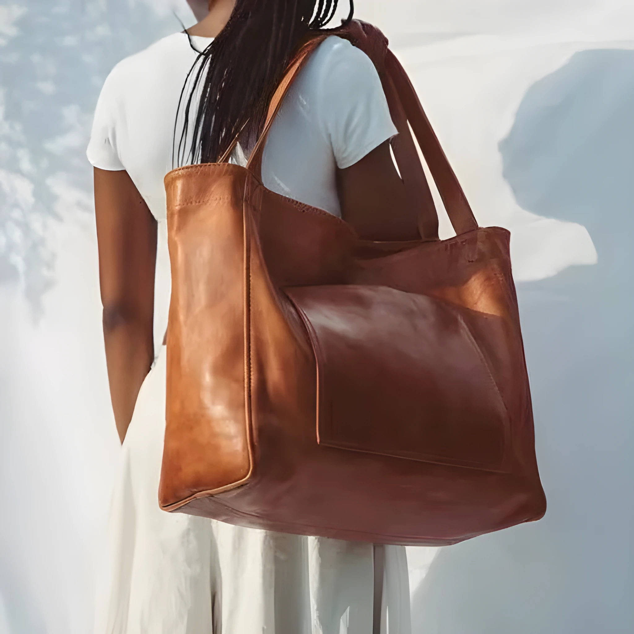 Large capacity oil wax PU tote bag for women in retro style, 40x13x32cm, brown colour