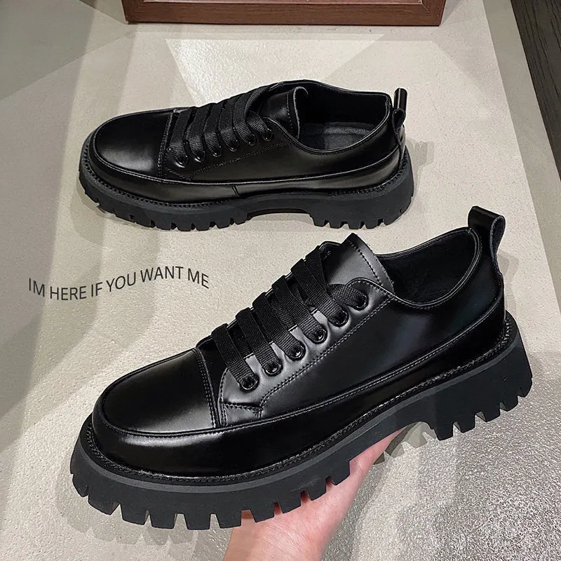 Men's casual leather platform shoes black cowhide upper heavy bottomed sole side view