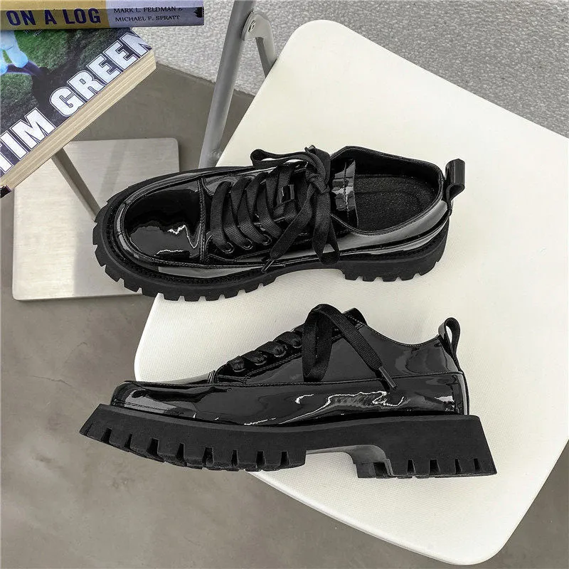 Men's casual leather platform shoes black cowhide upper heavy bottomed sole side view