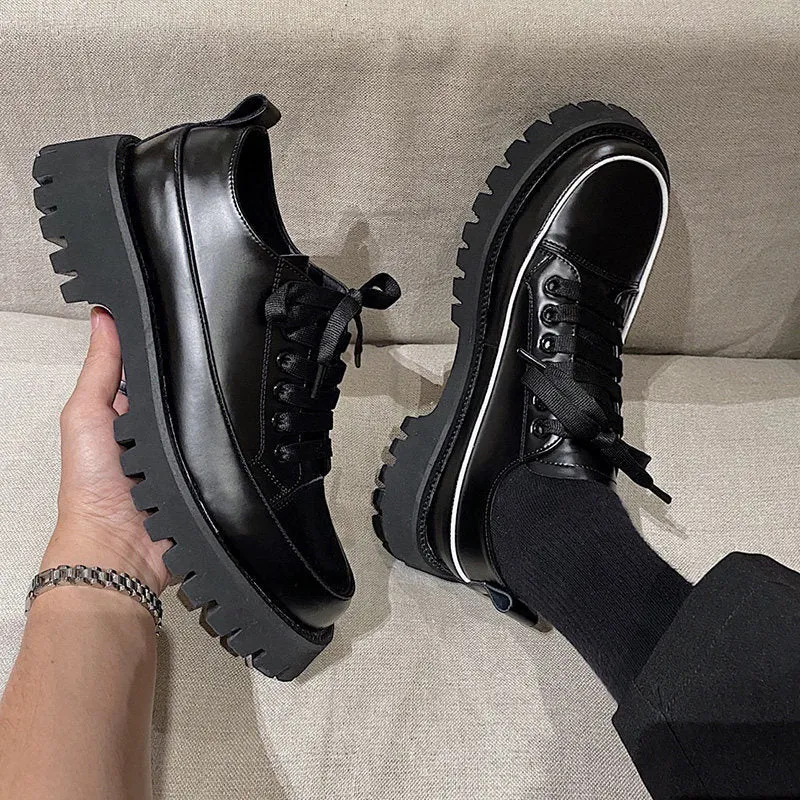 Men's casual leather platform shoes black cowhide upper heavy bottomed sole side view