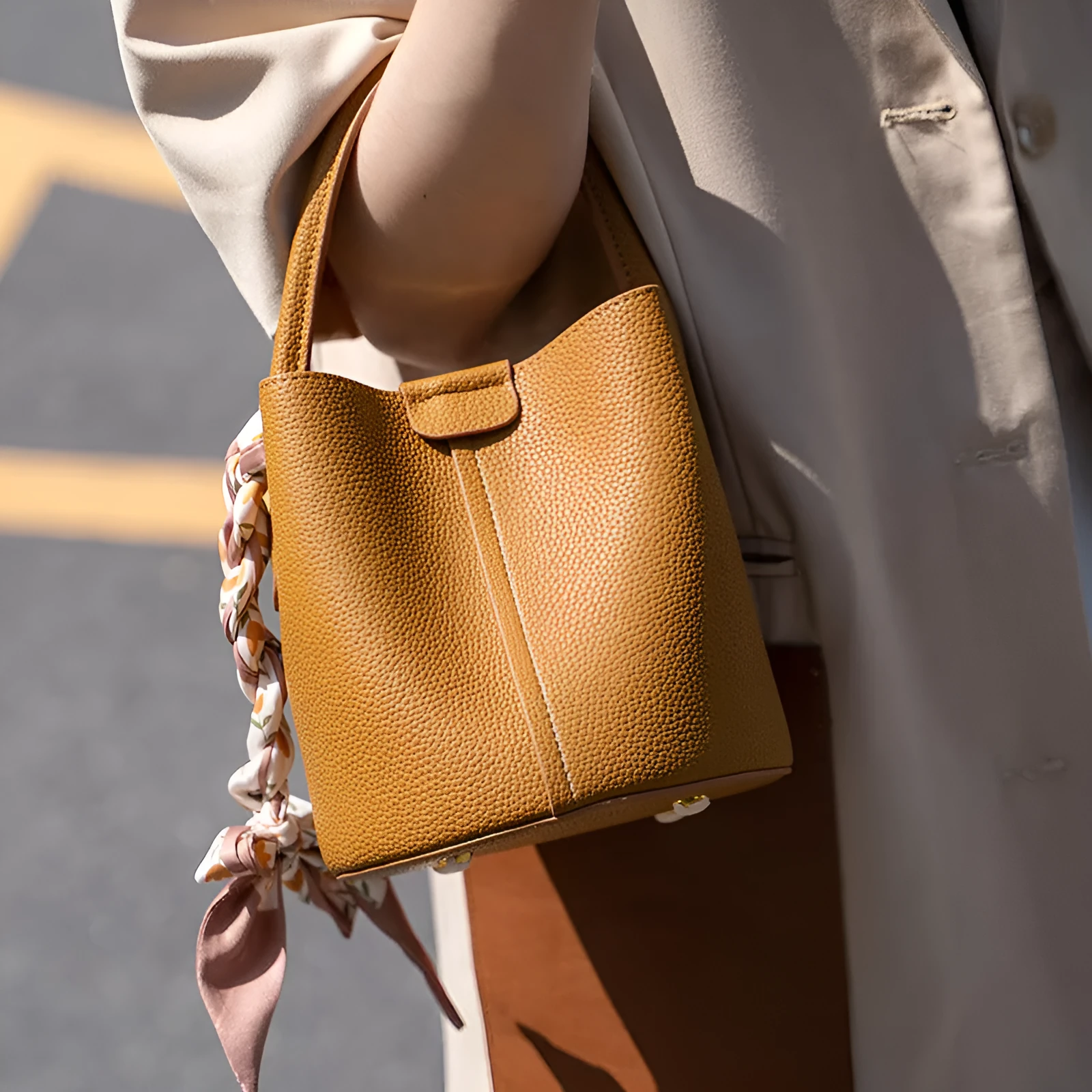 PU leather casual handbag for women with bow detail in golden brown