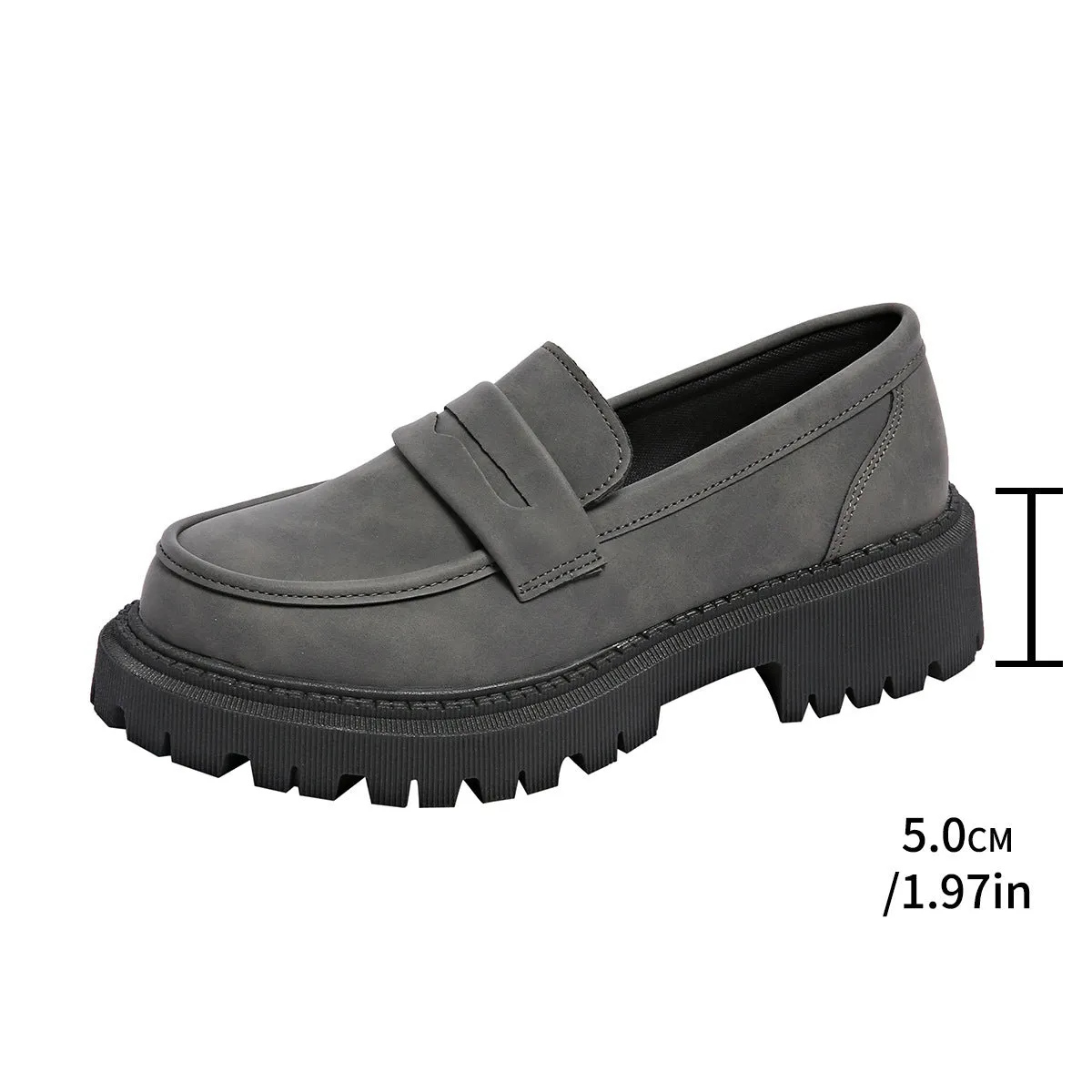 Gray British style slip-on low cut loafers with low heel and rubber sole