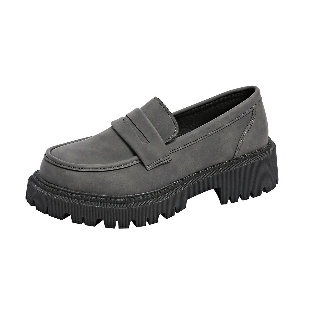 Gray British style slip-on low cut loafers with low heel and rubber sole