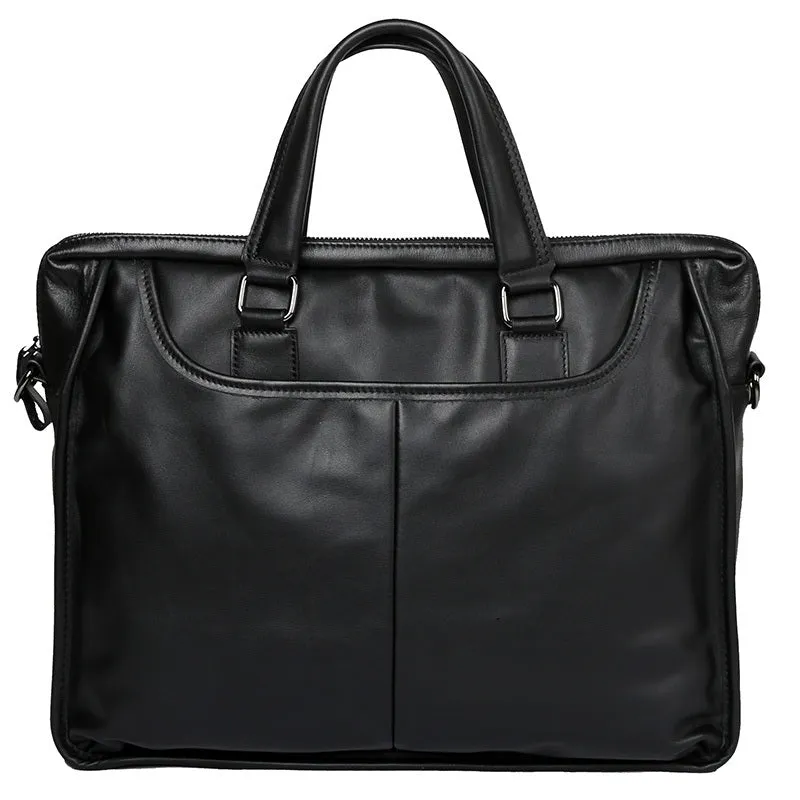 Black men's leather leisure briefcase with top layer cow hide, zipper closure, and shoulder strap