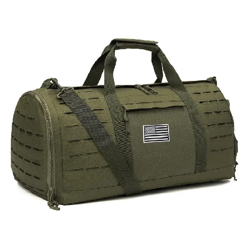 Men's khaki waterproof Oxford cloth sports duffel bag with handles and an air pillow belt.