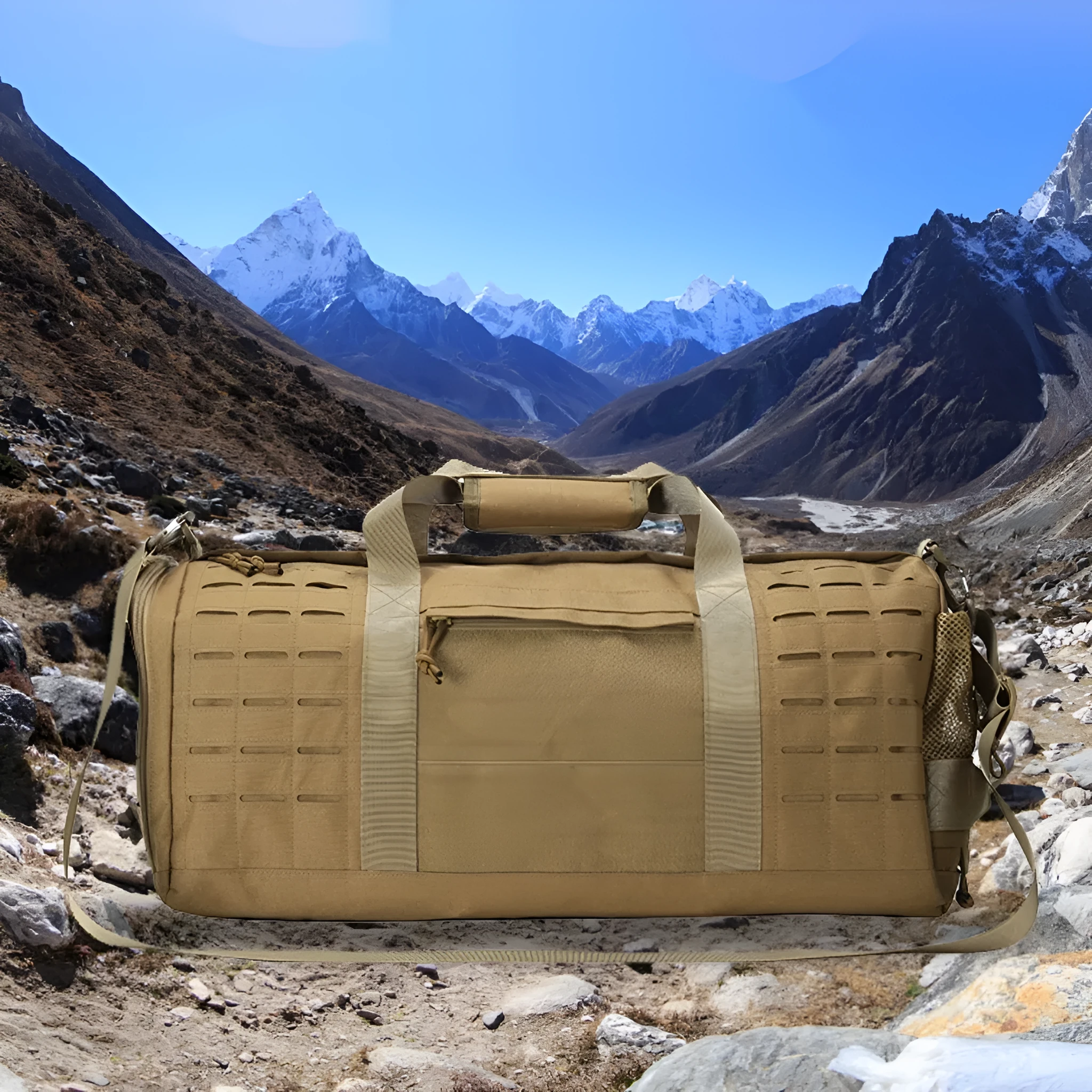 Men's khaki waterproof Oxford cloth sports duffel bag with handles and an air pillow belt.