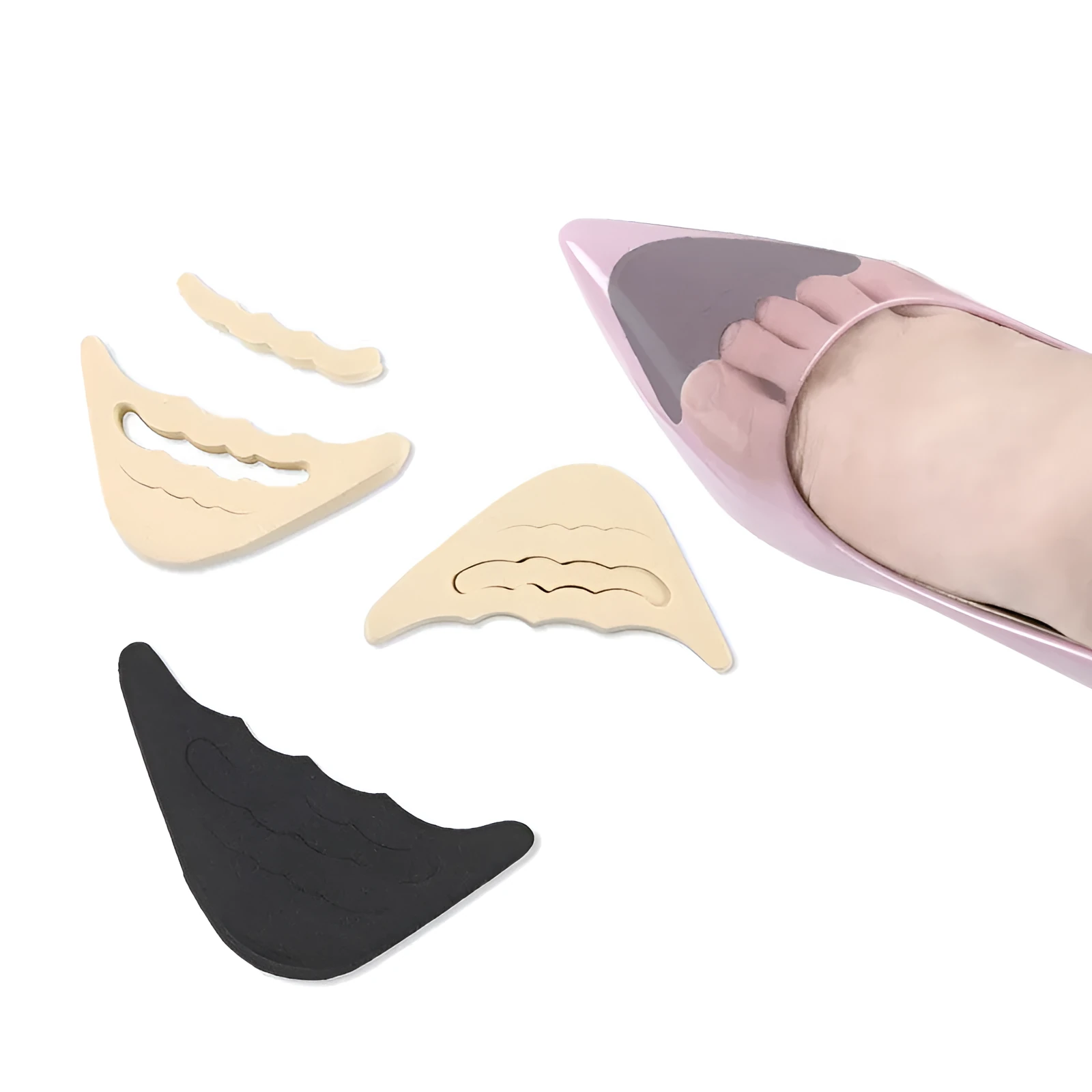 Beige EVA toe anti-slip pad with contoured shape for loose shoes, measuring 6.5 cm by 3 cm by 1.5 cm