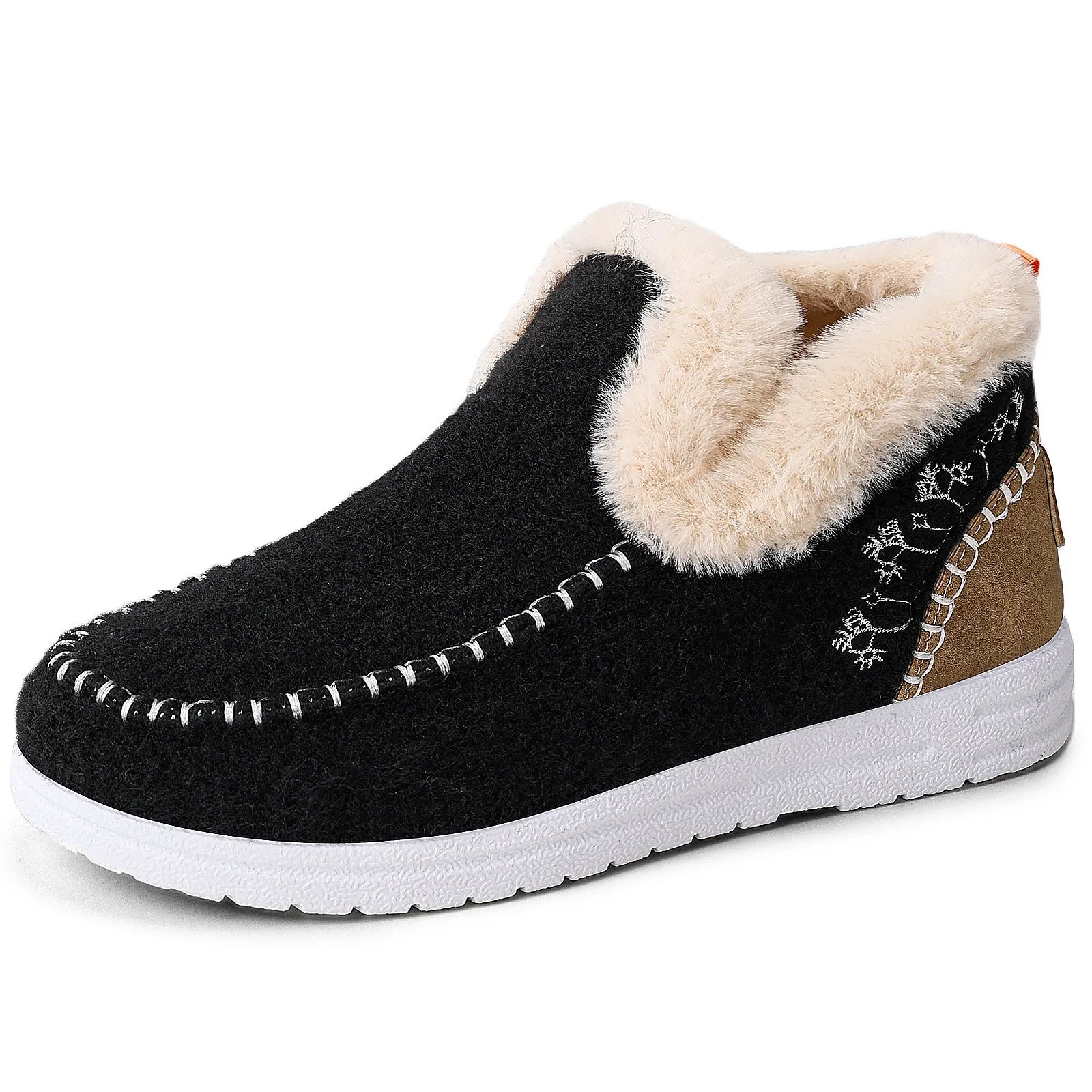 Women's cold-proof cotton boots in black, flat heel, round toe, size 36-46 with PVC sole