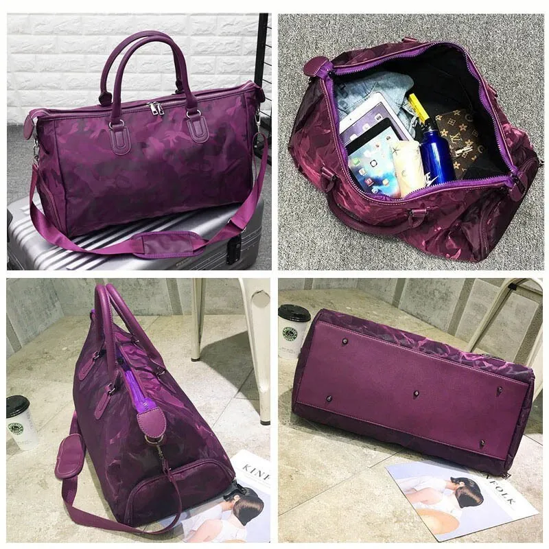 Nylon travel bag in black with soft handle, top zipper, and multiple internal pockets